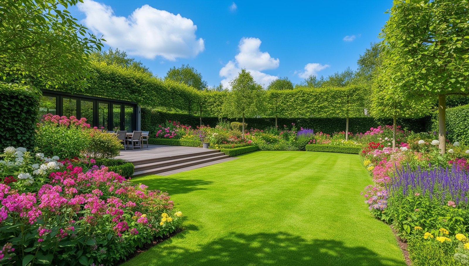 Prachtige Nederlandse tuin met groen gazon en bloeiende borders